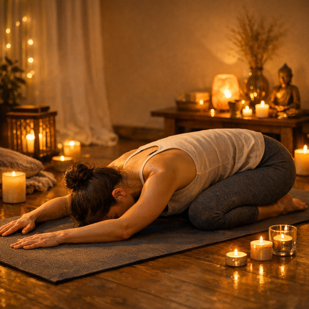 Séance de yoga du soir avant le coucher avec bougies et ambiance apaisante