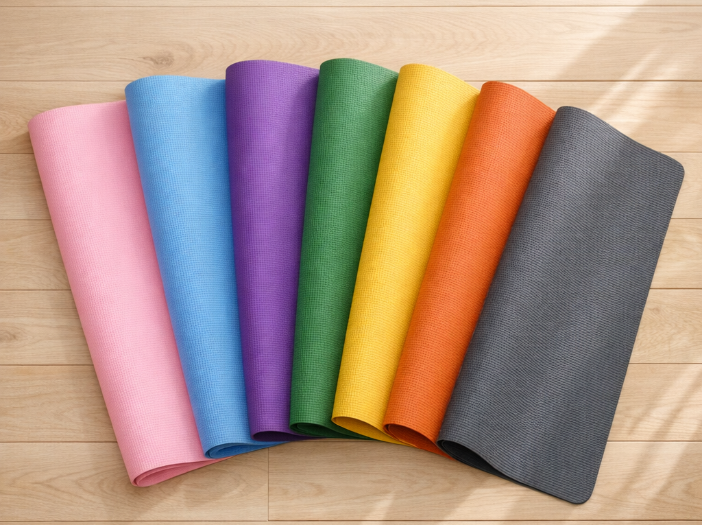 Comparatif des 7 meilleurs tapis de yoga 2026 disposés en éventail sur un parquet clair