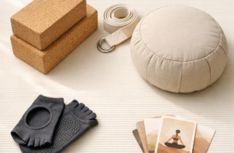 Kit essentiel accessoires yoga débutant : blocs liège, sangle, coussin méditation, chaussettes antidérapantes