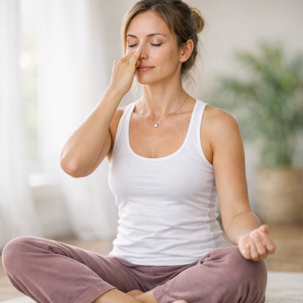 Femme pratiquant la respiration alternée Nadi Shodhana au bureau yoga stress travail