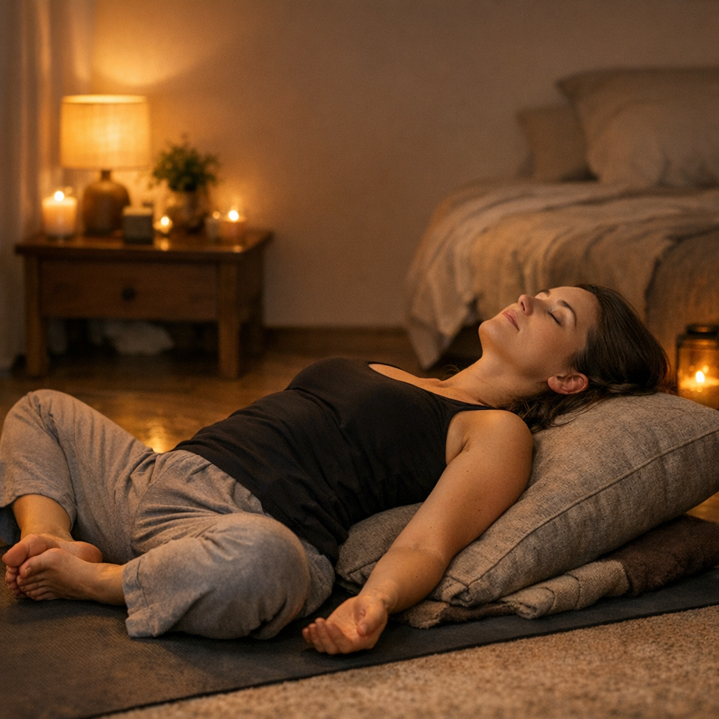 Femme en posture du papillon allongé Supta Baddha Konasana yoga doux avant coucher