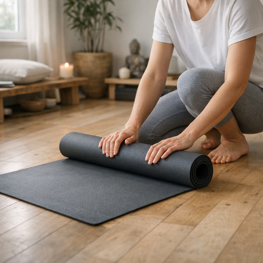 Personne déroulant un tapis de yoga sur un parquet avec lumière naturelle ambiance zen