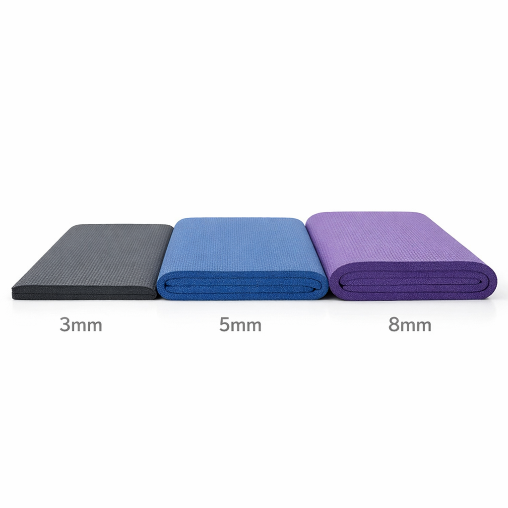 Comparaison tapis de yoga différentes épaisseurs 3mm 5mm 8mm empilés côte à côte