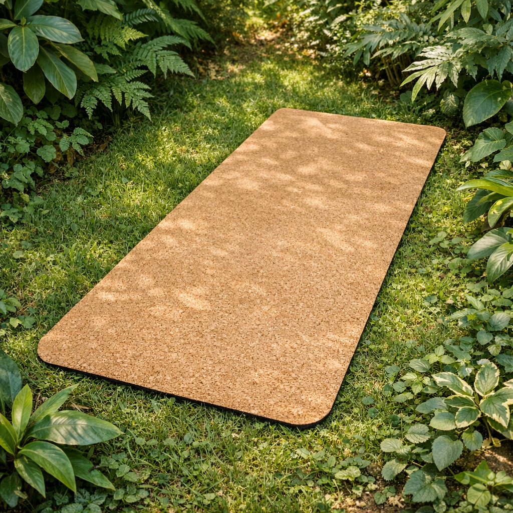 Tapis de yoga en liège naturel posé sur herbe verte entouré de plantes aspect écologique