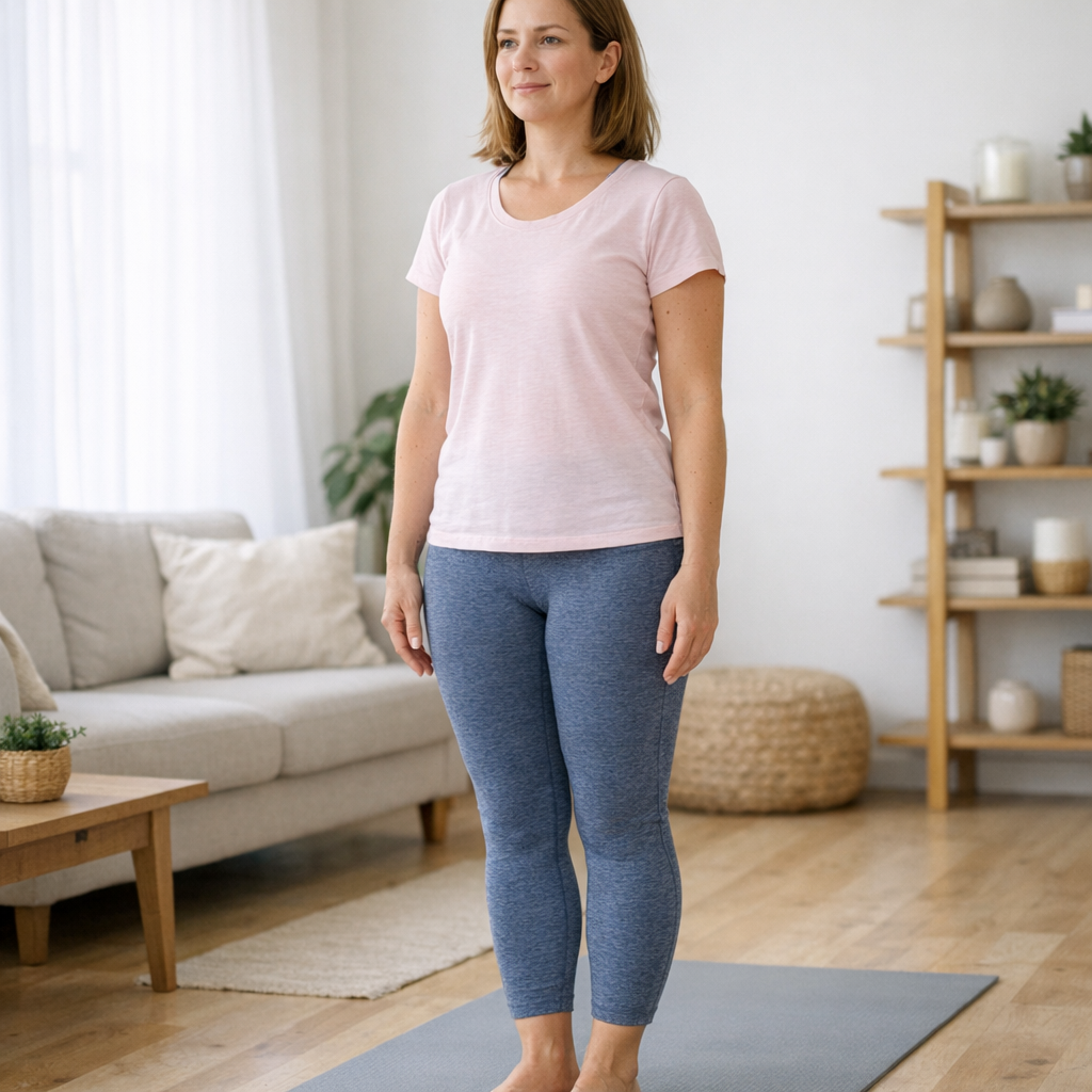 Débutante en posture de la montagne Tadasana yoga salon lumineux ambiance calme naturelle
