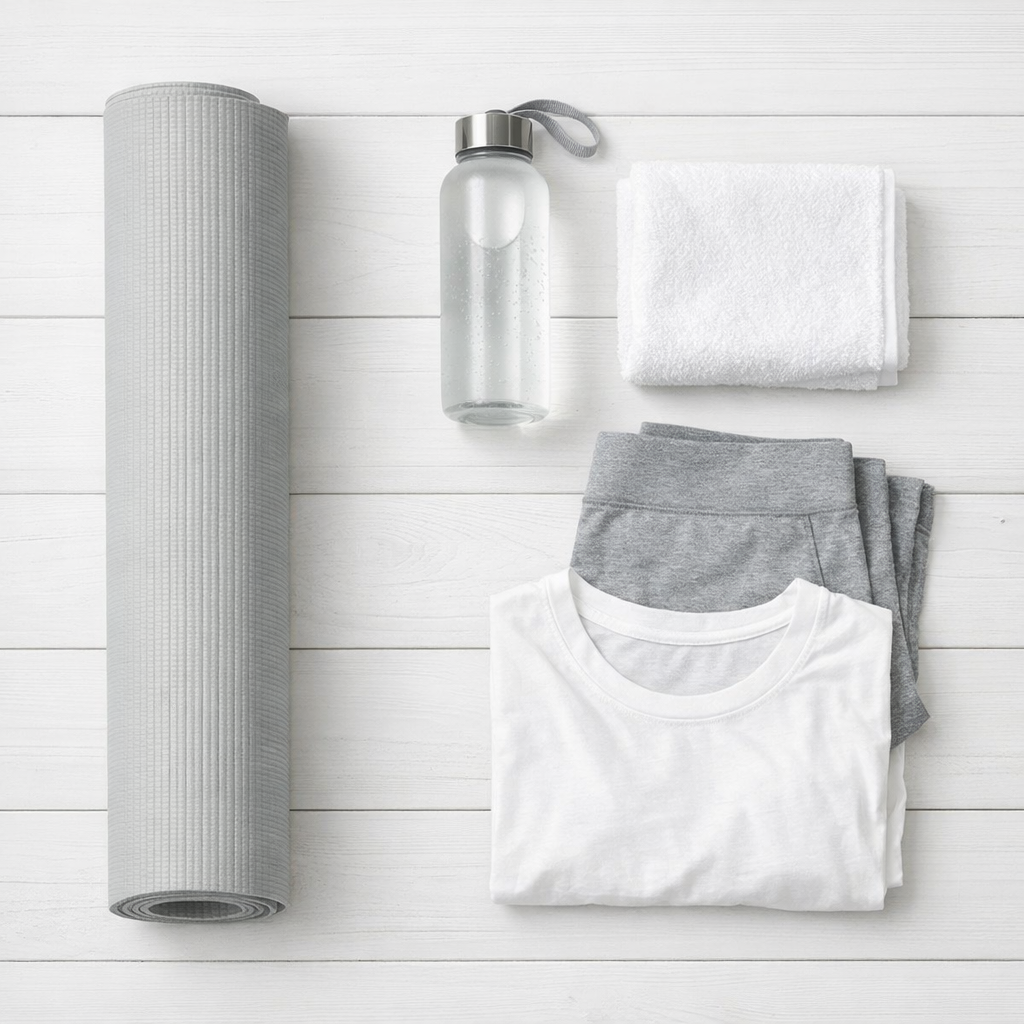 Flat lay tapis yoga bouteille eau serviette vêtements confortables préparation séance