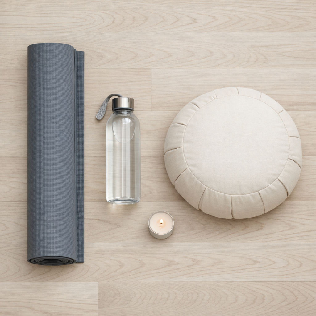 Flat lay minimaliste tapis yoga bouteille eau coussin méditation bougie sol bois clair