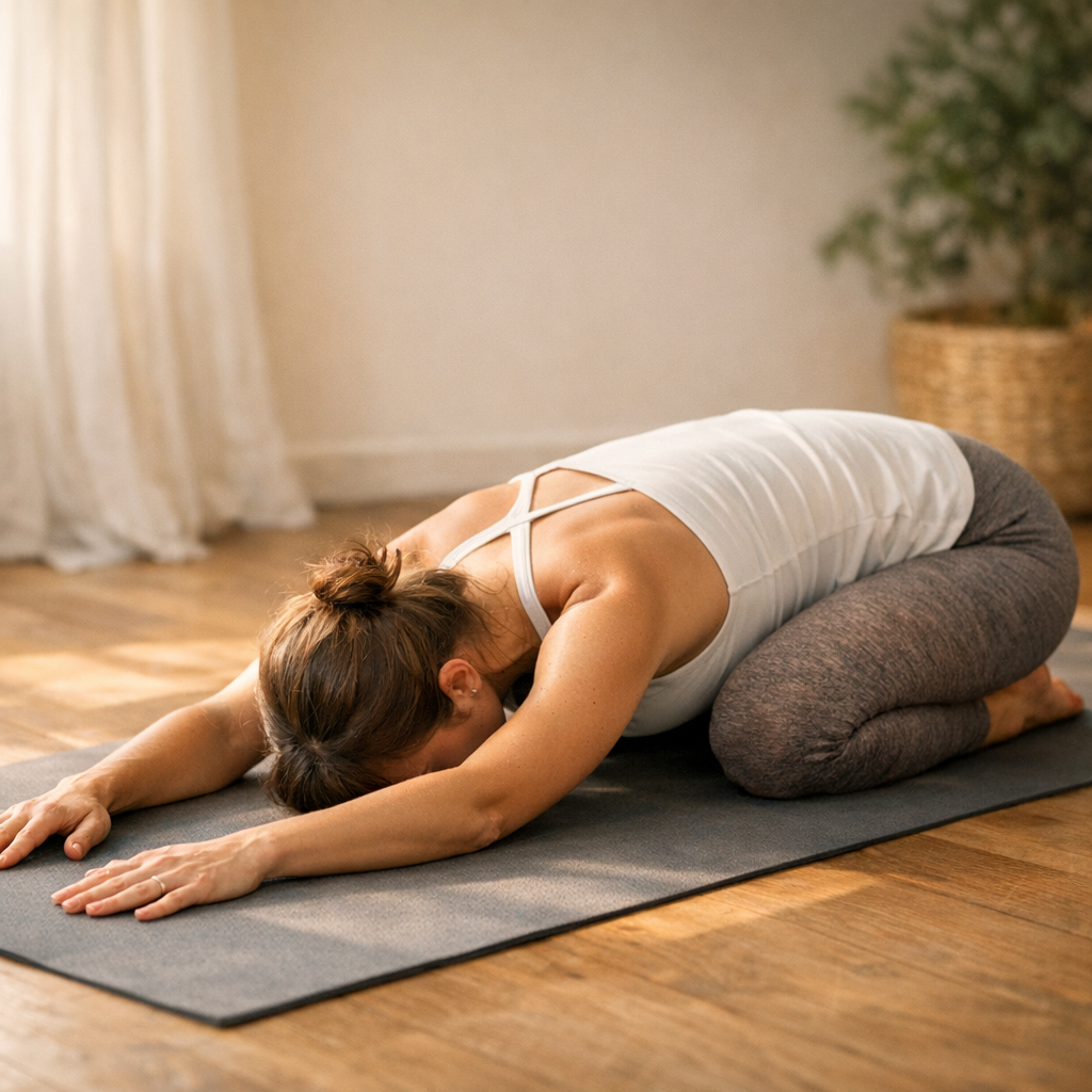 Femme en posture de l’enfant Balasana yoga lumière douce naturelle atmosphère apaisante