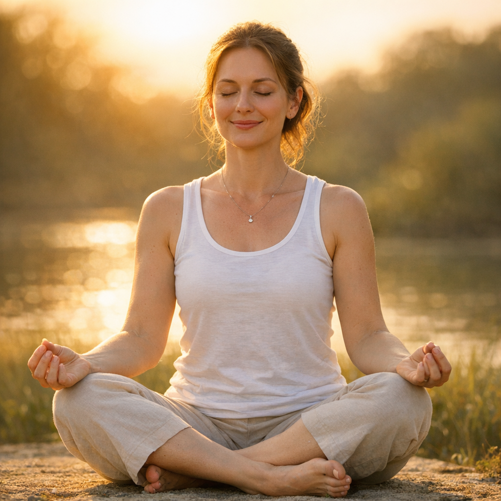 Femme en méditation assise Sukhasana sourire paisible lumière dorée du soir yoga