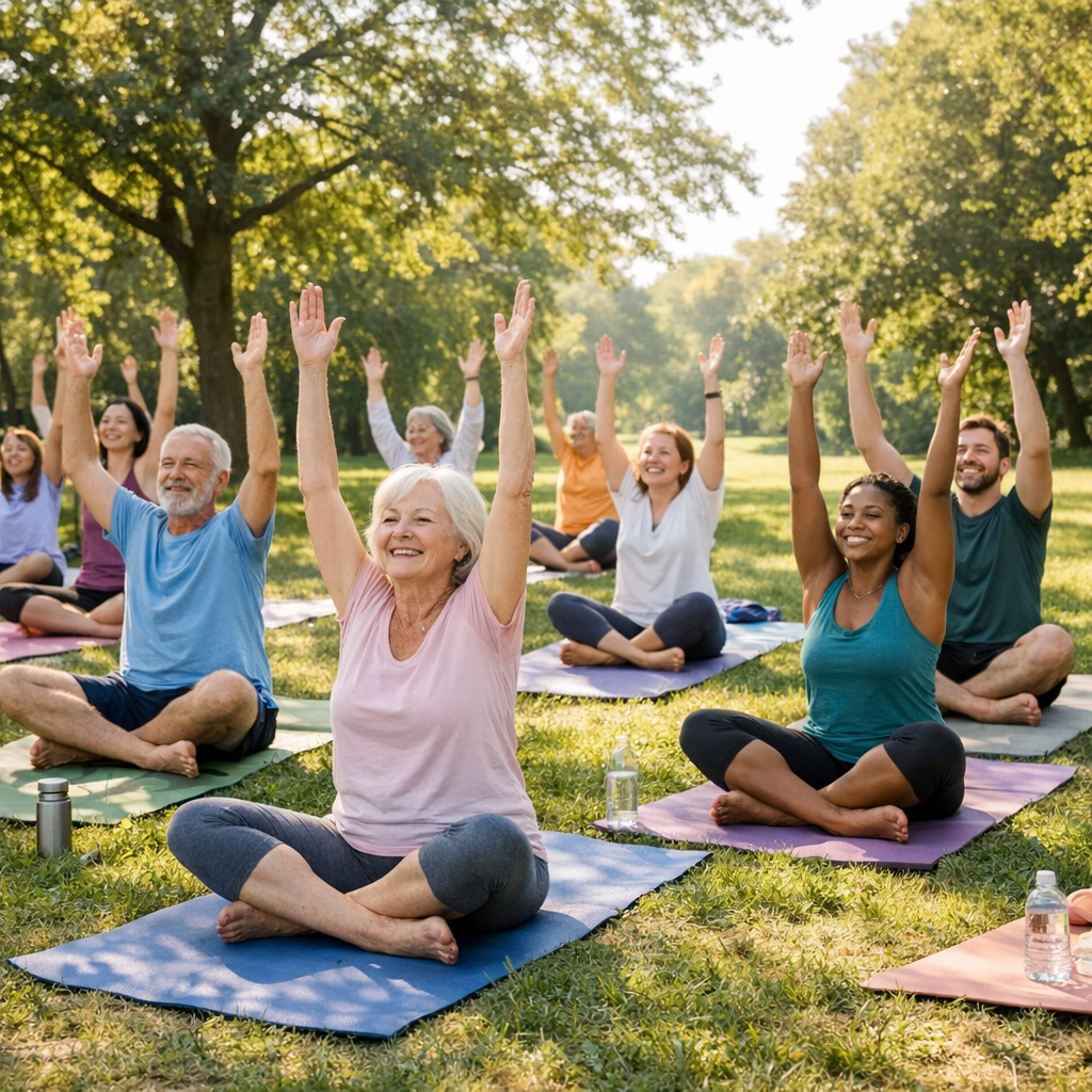 Groupe de personnes pratiquant le yoga en plein air dans un parc ambiance communautaire joyeuse