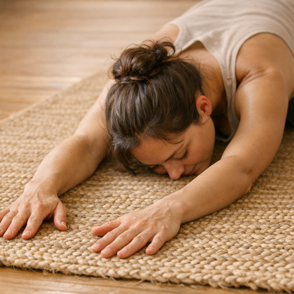 Gros plan posture de l’enfant Balasana bras allongés devant tapis yoga naturel