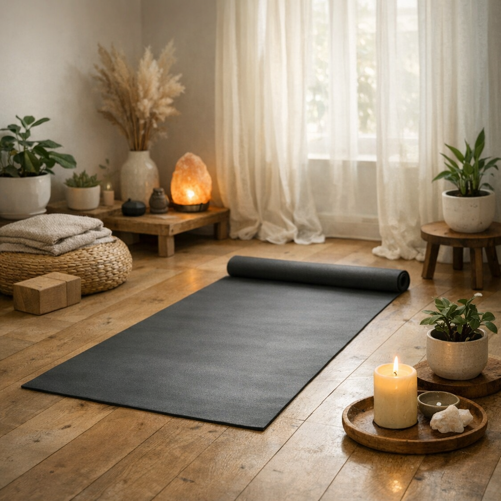 Coin yoga maison aménagé bougie tapis déroulé plantes lumière douce atmosphère zen