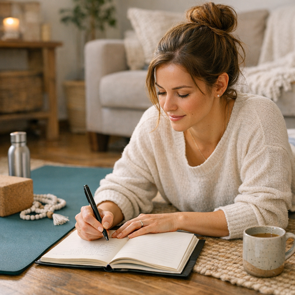 Femme tenant journal de pratique yoga stylo carnet à côté de tapis yoga motivation
