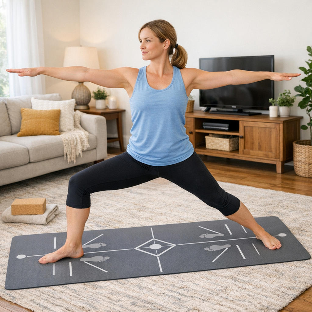 Femme débutante yoga Guerrier II sur tapis yoga avec lignes alignement salon lumineux