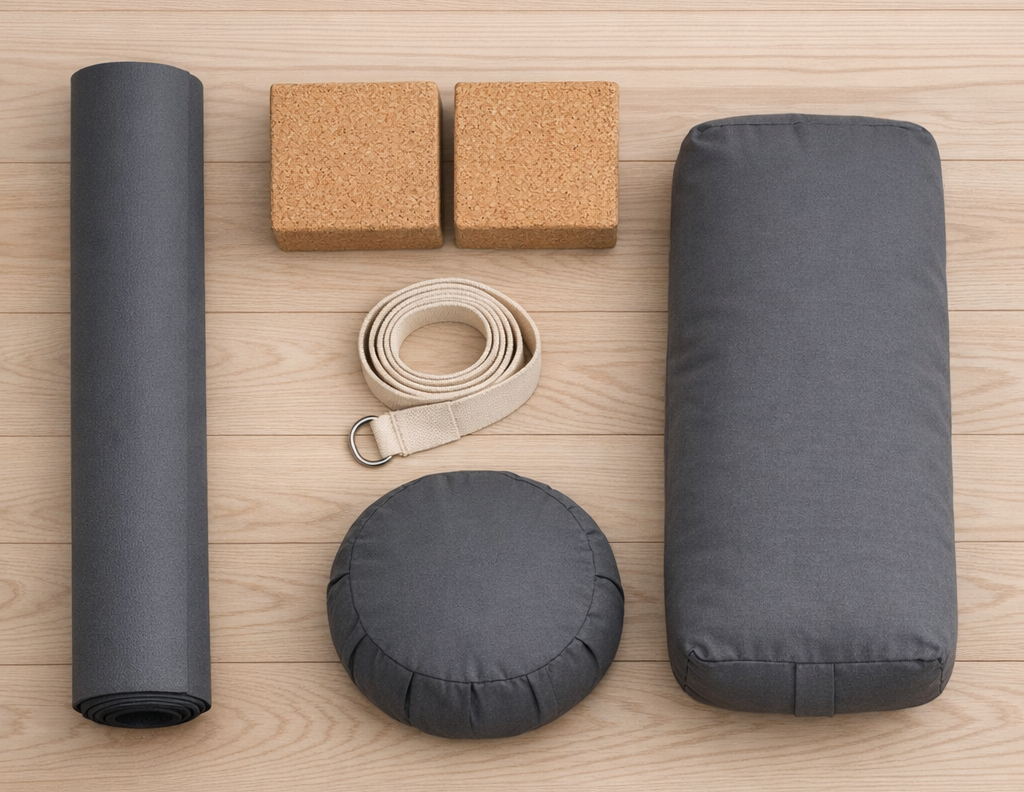 Flatlay accessoires yoga essentiels tapis brique sangle bolster coussin méditation parquet clair