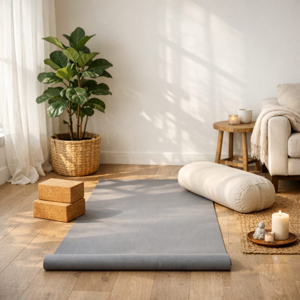 Coin yoga maison salon lumineux tapis briques bolster plante verte ambiance minimaliste apaisante