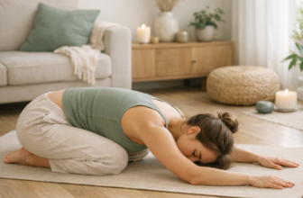Femme pratiquant le yoga anti-stress en posture de l'enfant Balasana dans un salon zen lumineux