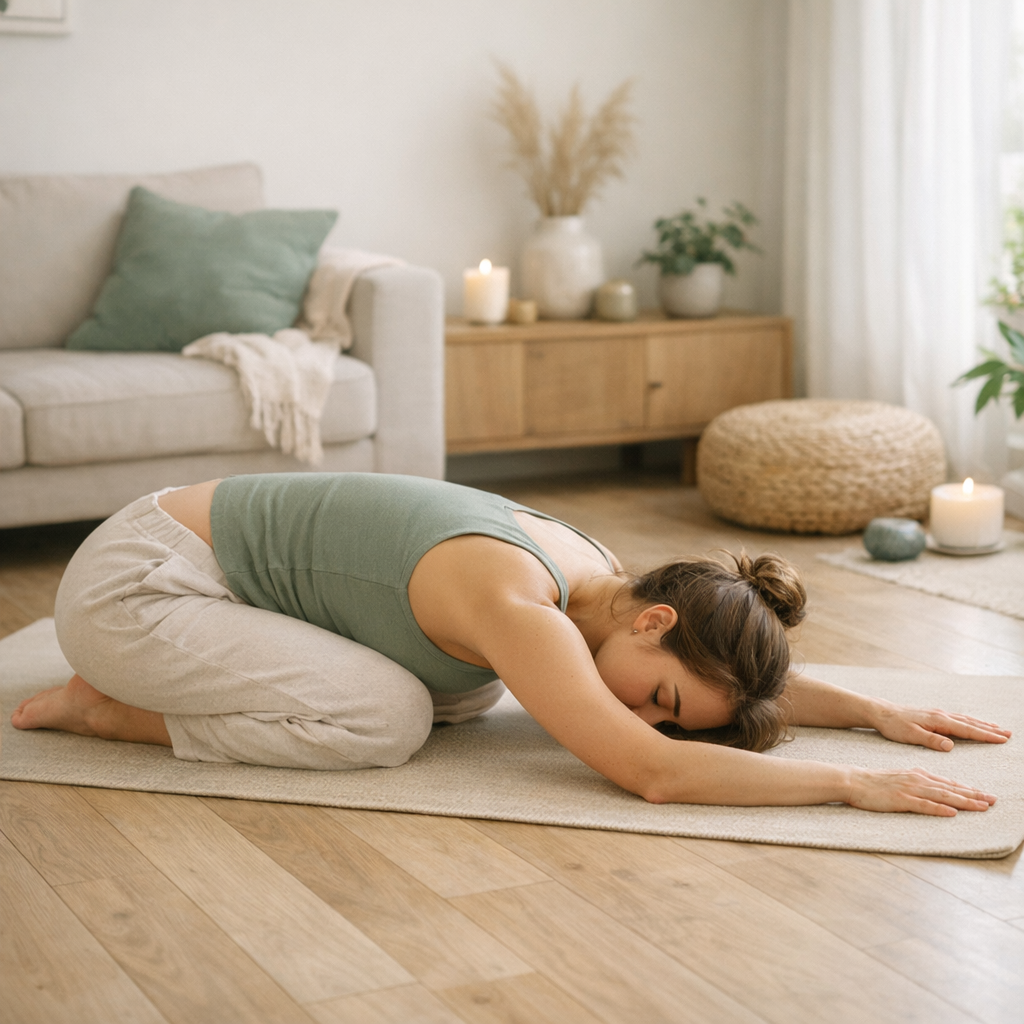 Femme pratiquant le yoga anti-stress en posture de l'enfant Balasana dans un salon zen lumineux