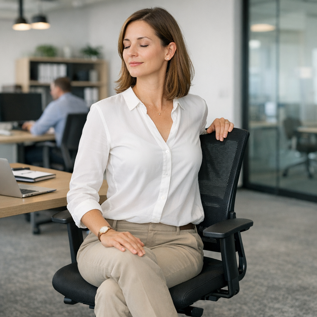 Femme pratiquant le yoga discret au bureau torsion assise sur chaise yoga travail