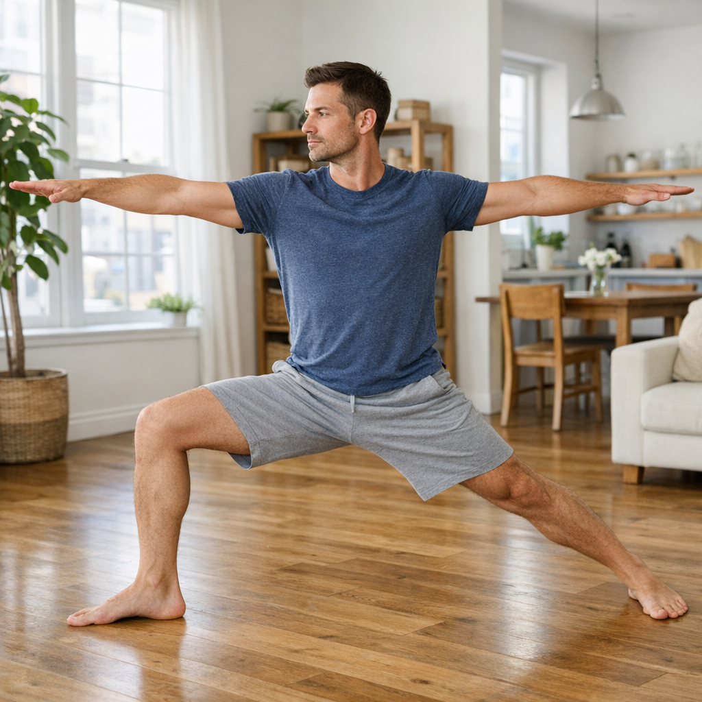 Homme pratiquant le Guerrier II Virabhadrasana yoga sans tapis sol nu appartement