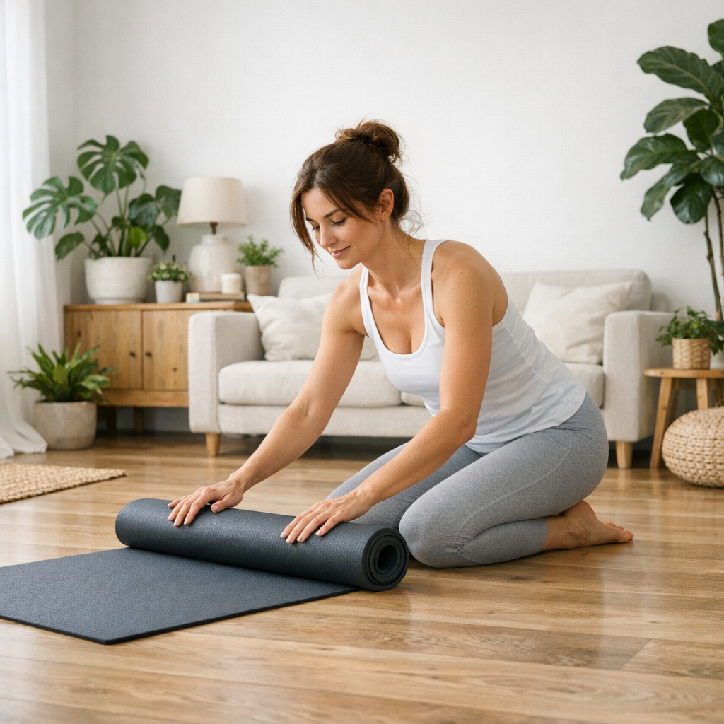 Commencer le yoga chez soi : femme qui déroule son tapis dans son salon lumineux