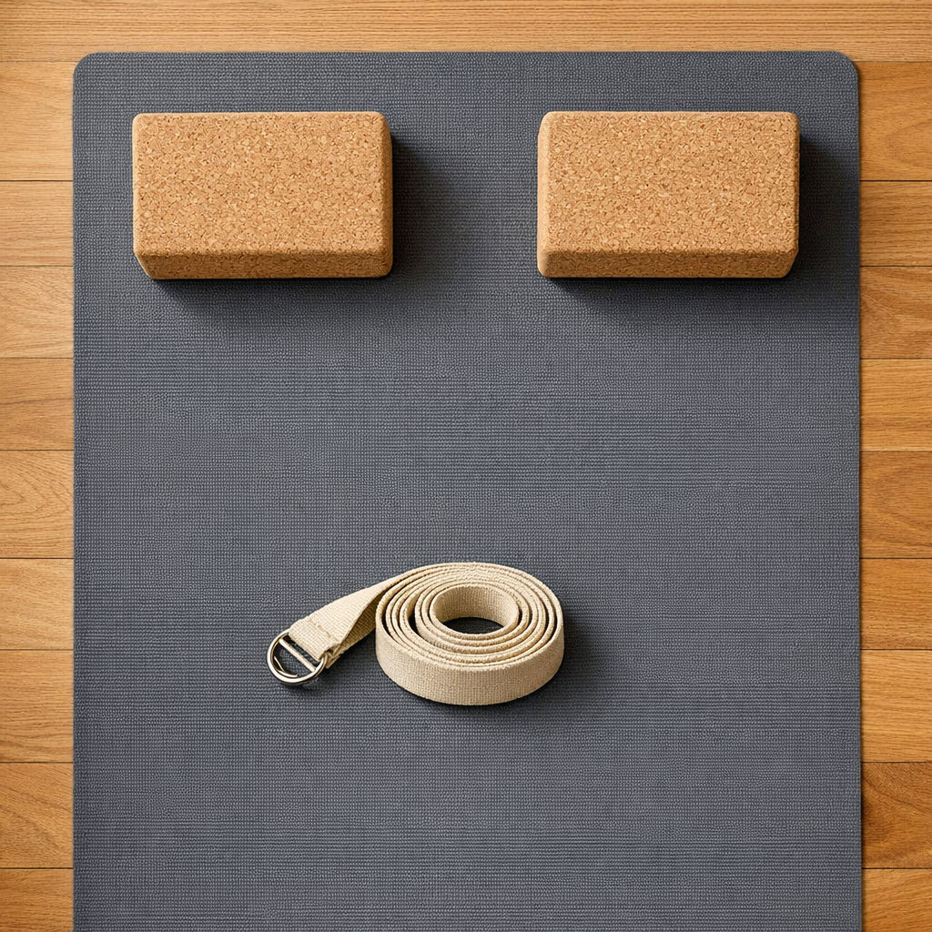 Tapis yoga antidérapant briques liège sangle accessoires essentiels débutant