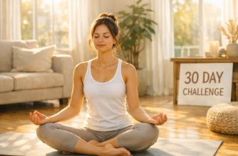 Programme yoga 30 jours bien-être : femme pratiquant sur tapis dans salon lumineux le matin