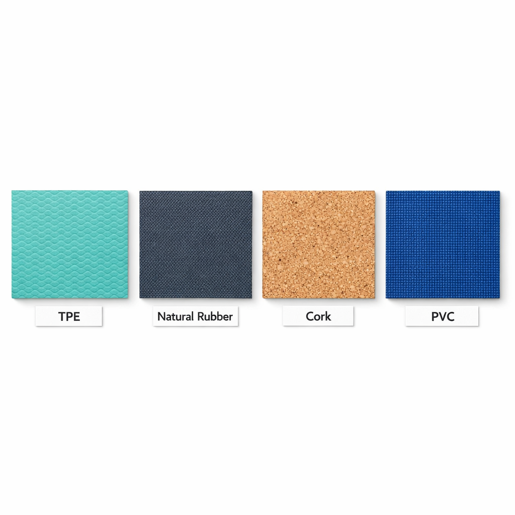 Flat lay comparaison matières tapis yoga TPE caoutchouc naturel liège PVC côte à côte