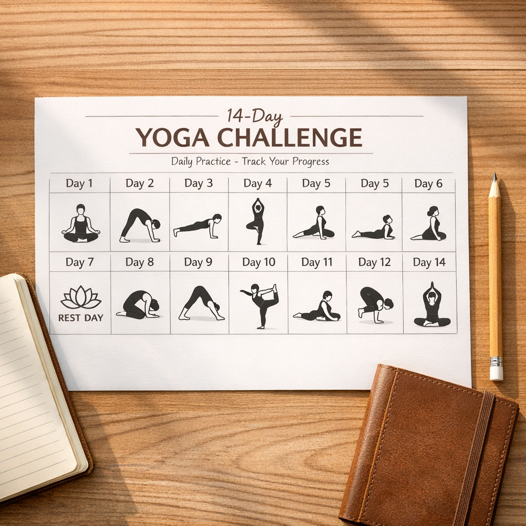 Calendrier planning 14 jours programme yoga débutant avec postures illustrées