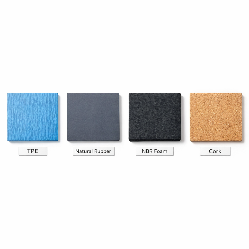 Comparaison matières tapis yoga détente TPE caoutchouc naturel NBR liège côte à côte