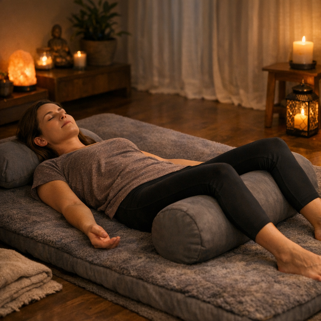 Séance Yoga Nidra personne allongée tapis épais coussin sous les genoux pièce tamisée relaxation profonde