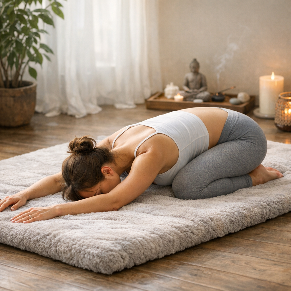 Femme en posture de l’enfant Balasana sur tapis yoga épais doux ambiance sereine gestion du stress