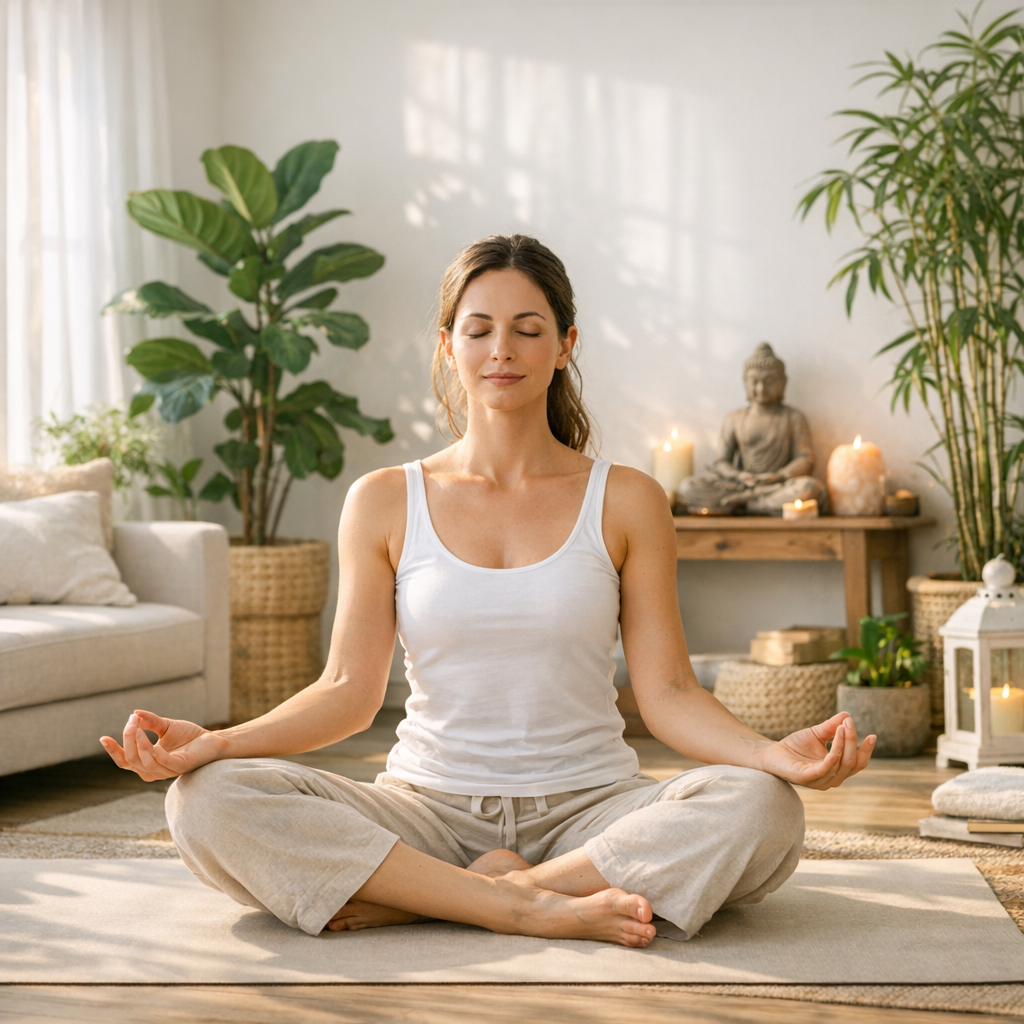 Programme yoga anti-stress 7 jours : femme en posture apaisante dans un salon lumineux ambiance zen