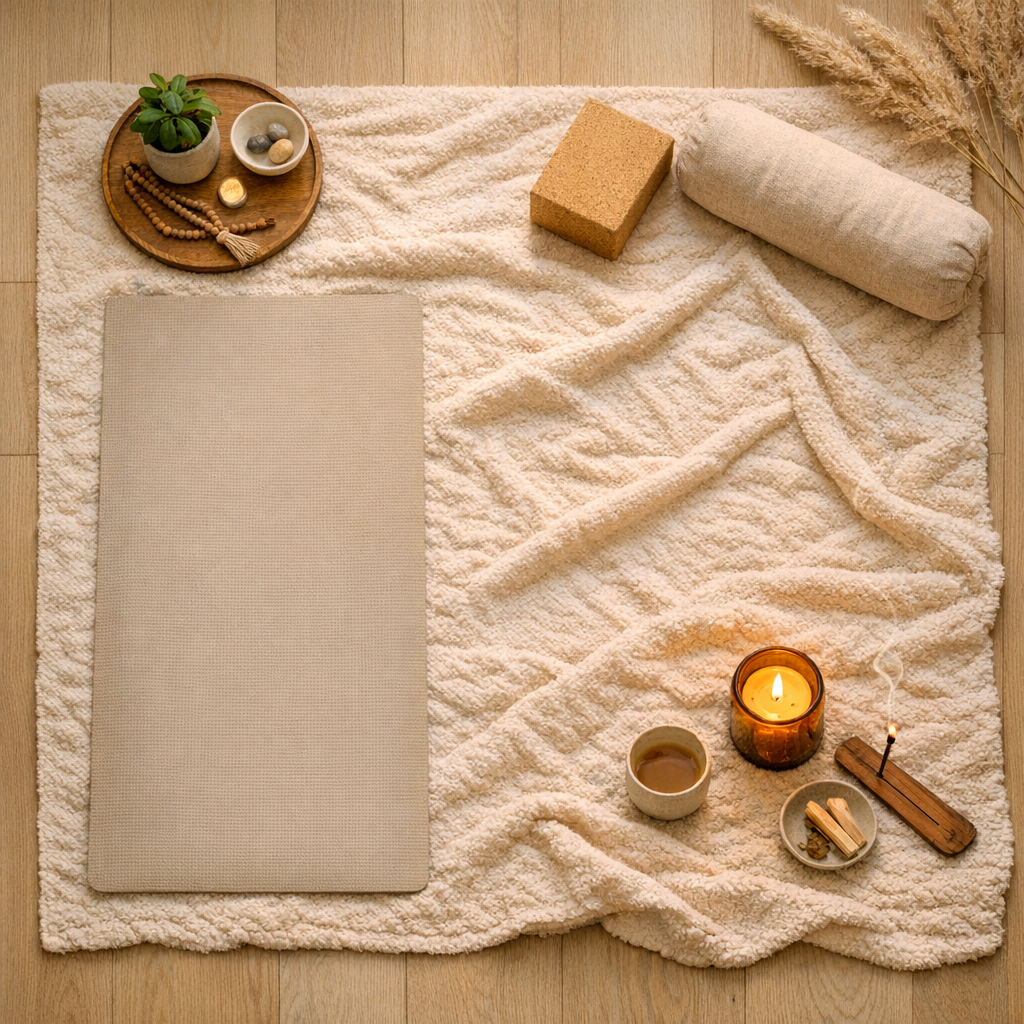 Espace yoga minimaliste maison couverture sol bougie lumière douce ambiance anti-stress