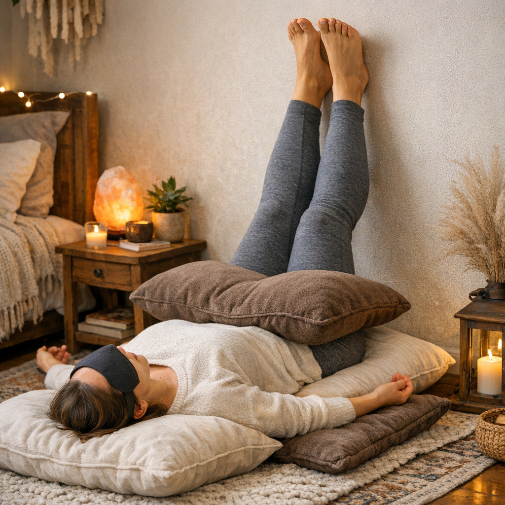 Yoga restauratif Viparita Karani jambes au mur coussins relaxation profonde anti-stress