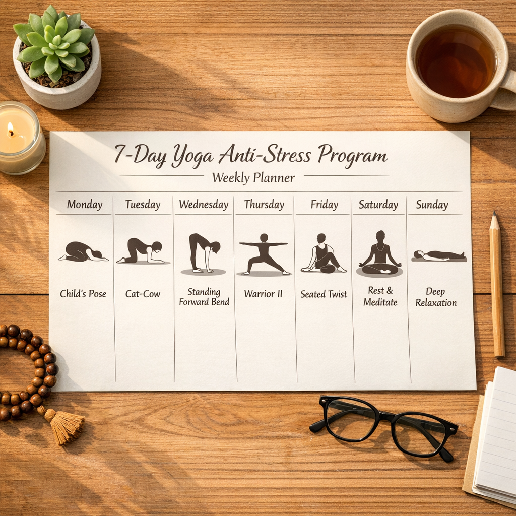Calendrier programme yoga anti-stress 7 jours planning semaine postures et thèmes