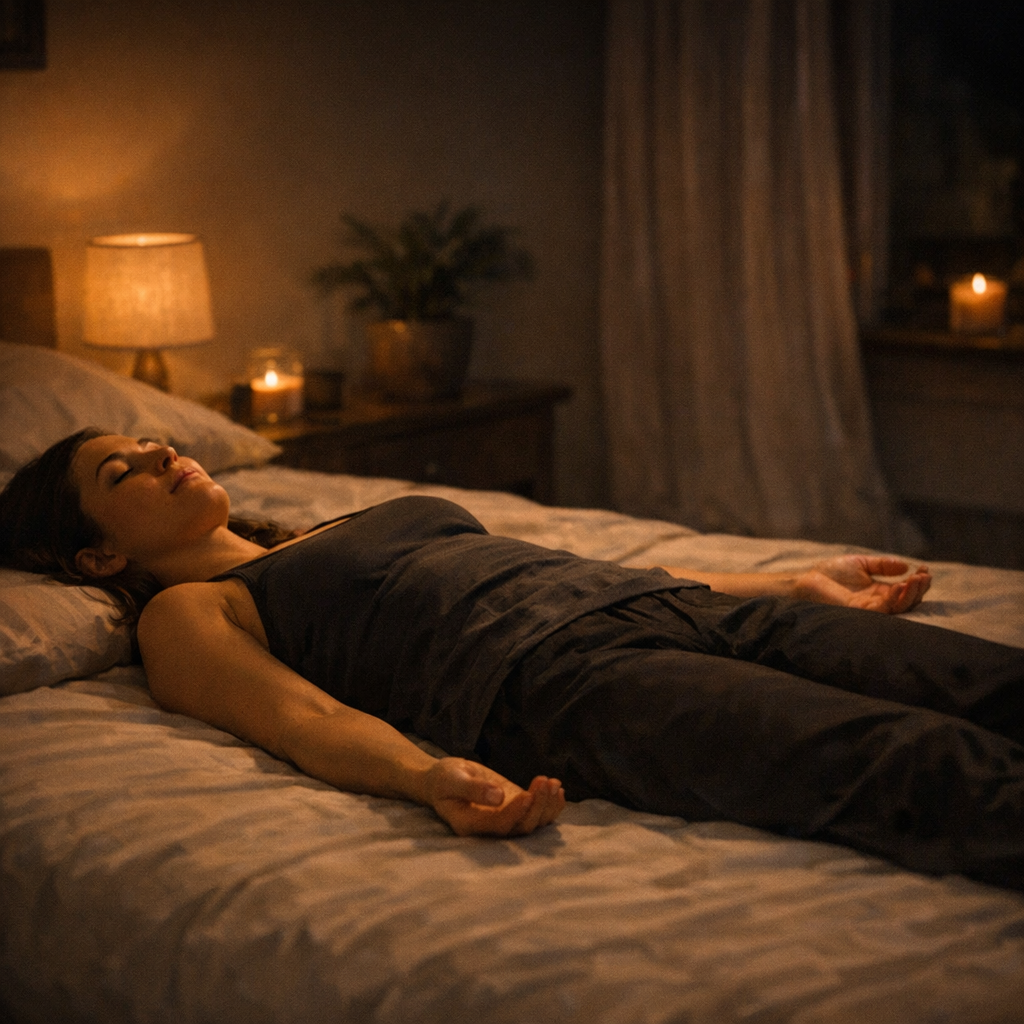 Femme pratiquant le Yoga Nidra allongée relaxation profonde avant de dormir