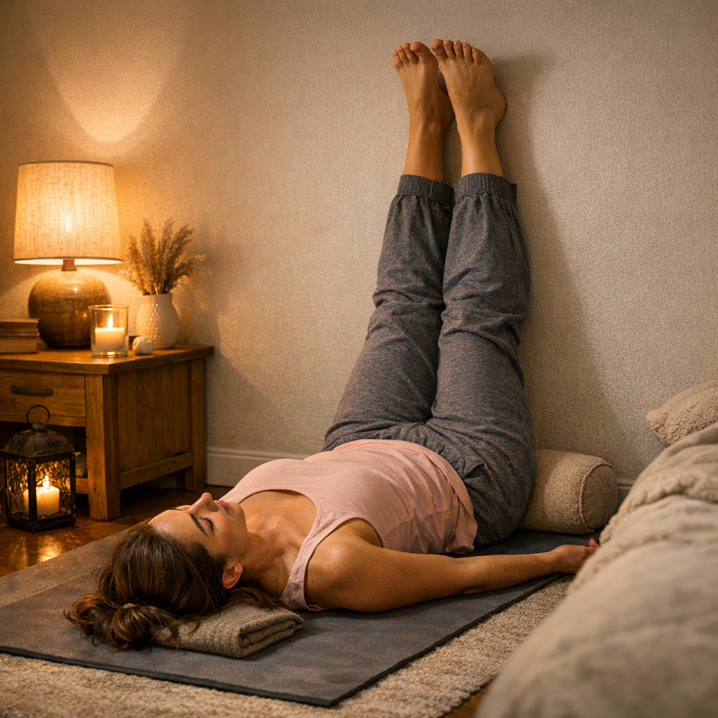 Femme pratiquant les jambes au mur yoga soir avant dormir