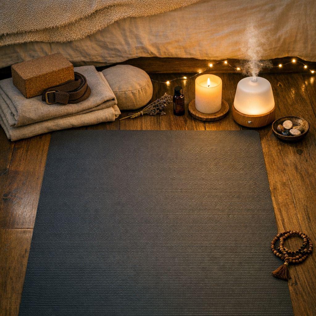 Rituel du soir yoga chambre tamisée bougie tapis ambiance zen