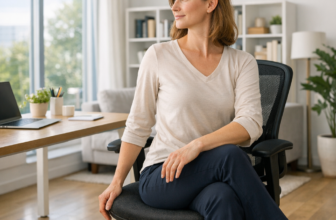Yoga sur chaise bureau : femme pratiquant une torsion assise douce anti-stress au travail