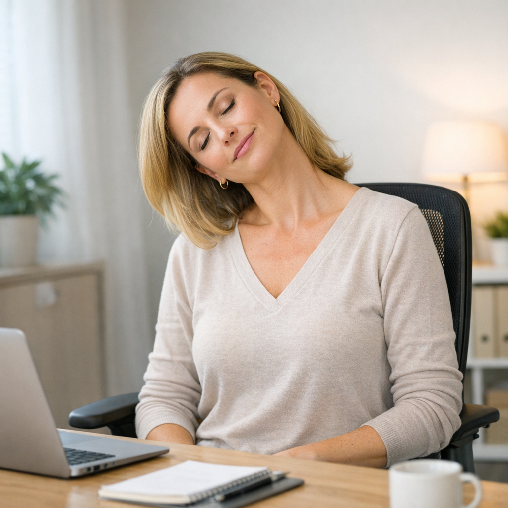 Étirement du cou yoga sur chaise bureau douleurs cervicales salarié