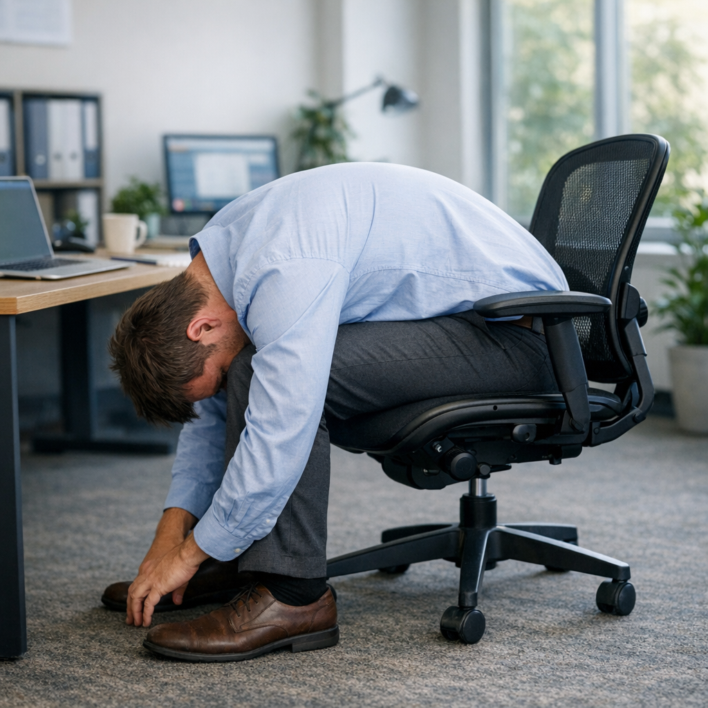 Flexion avant assise yoga sur chaise bureau décompression dos lombaires