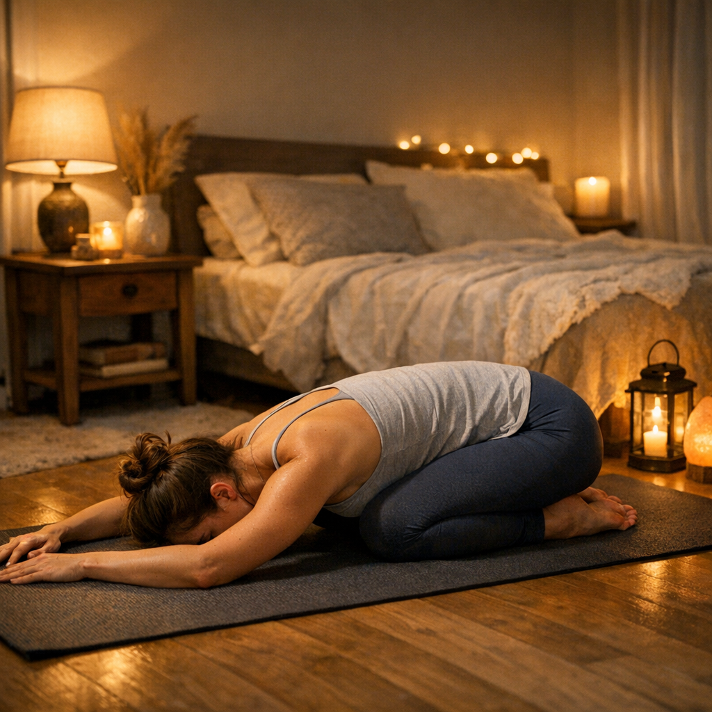 Yoga du soir 10 minutes posture de l'enfant Balasana chambre tamisée avant sommeil