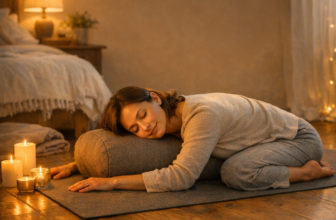 Yoga du soir 10 minutes : femme en posture restaurative sur tapis dans une chambre tamisu00e9e