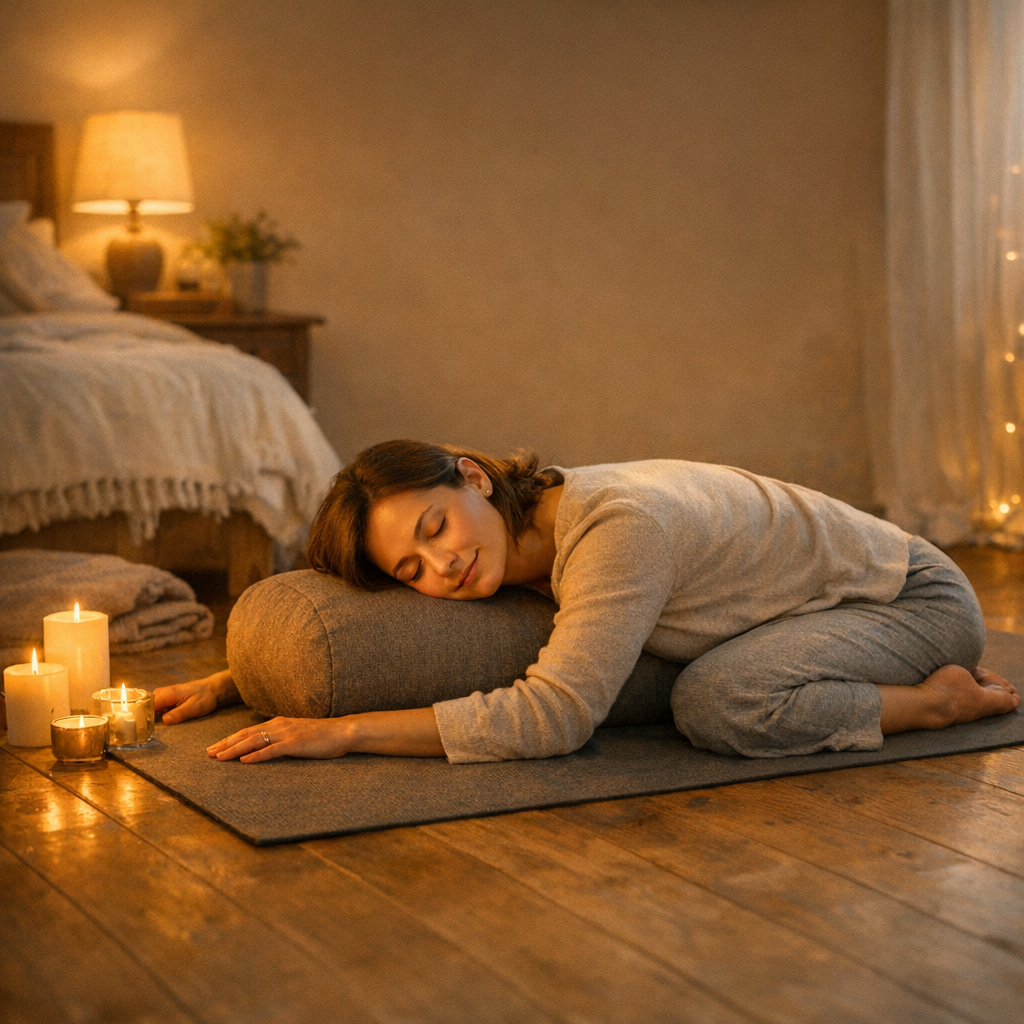 Yoga du soir 10 minutes : femme en posture restaurative sur tapis dans une chambre tamisu00e9e