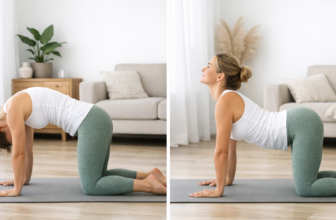 Yoga pour le dos : femme en posture Chat-Vache soulageant douleurs lombaires maison