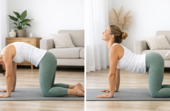 Yoga pour le dos : femme en posture Chat-Vache soulageant douleurs lombaires maison