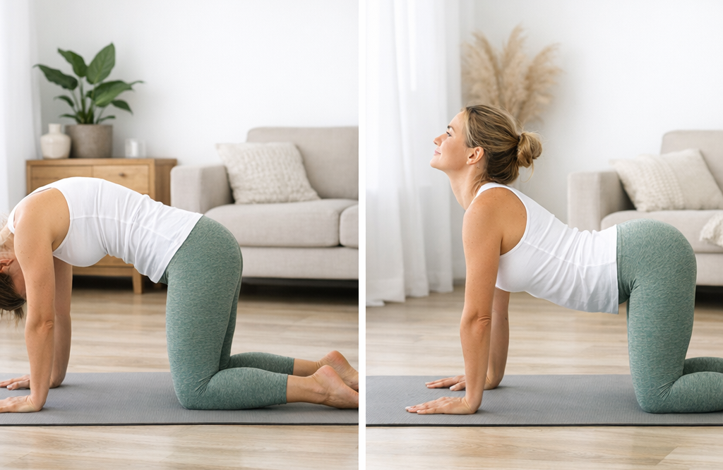 Yoga pour le dos : femme en posture Chat-Vache soulageant douleurs lombaires maison