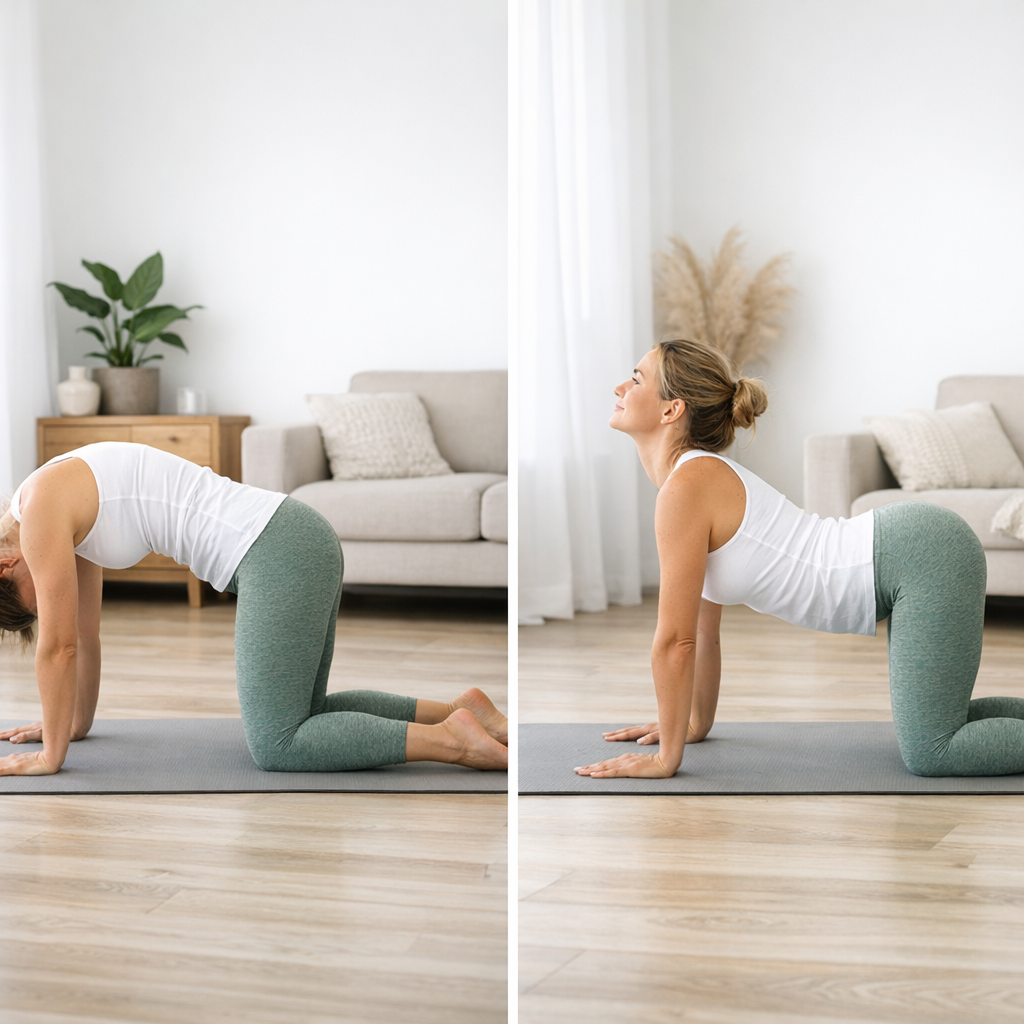 Yoga pour le dos : femme en posture Chat-Vache soulageant douleurs lombaires maison