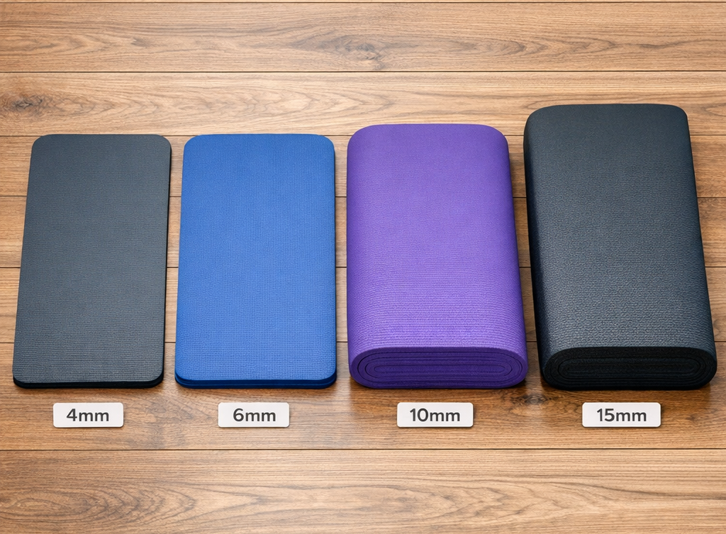 Tapis de yoga épais : comparaison épaisseurs 4mm 6mm 10mm 15mm sur sol parquet